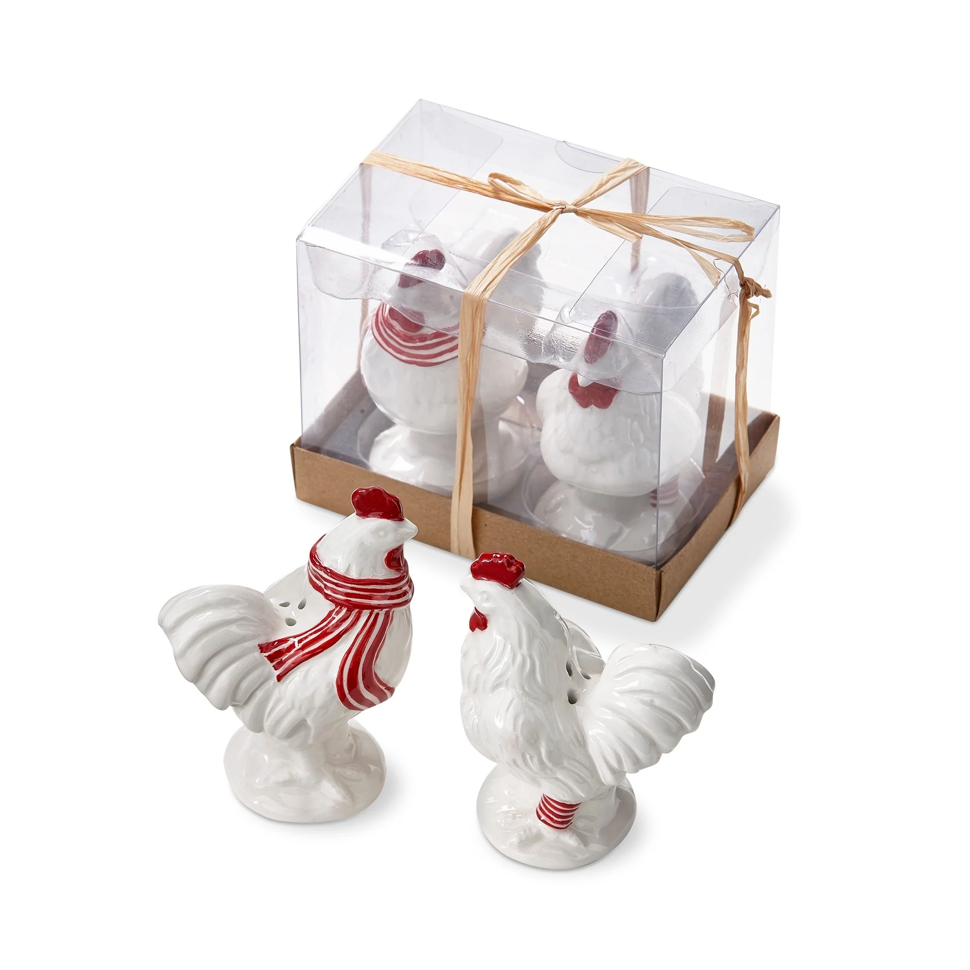 "Farmhouse Christmas Collection" Leghorn & Lillie Holiday Chicken Shaped Earthenware White and Red Salt & Pepper Shaker Set Of 2