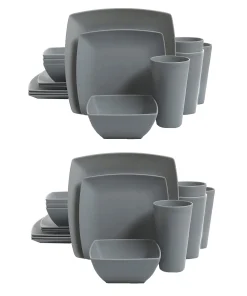 Gibson Home 16 Piece Modern Square Melamine Dinnerware Plate Set Grey (2 Pack)