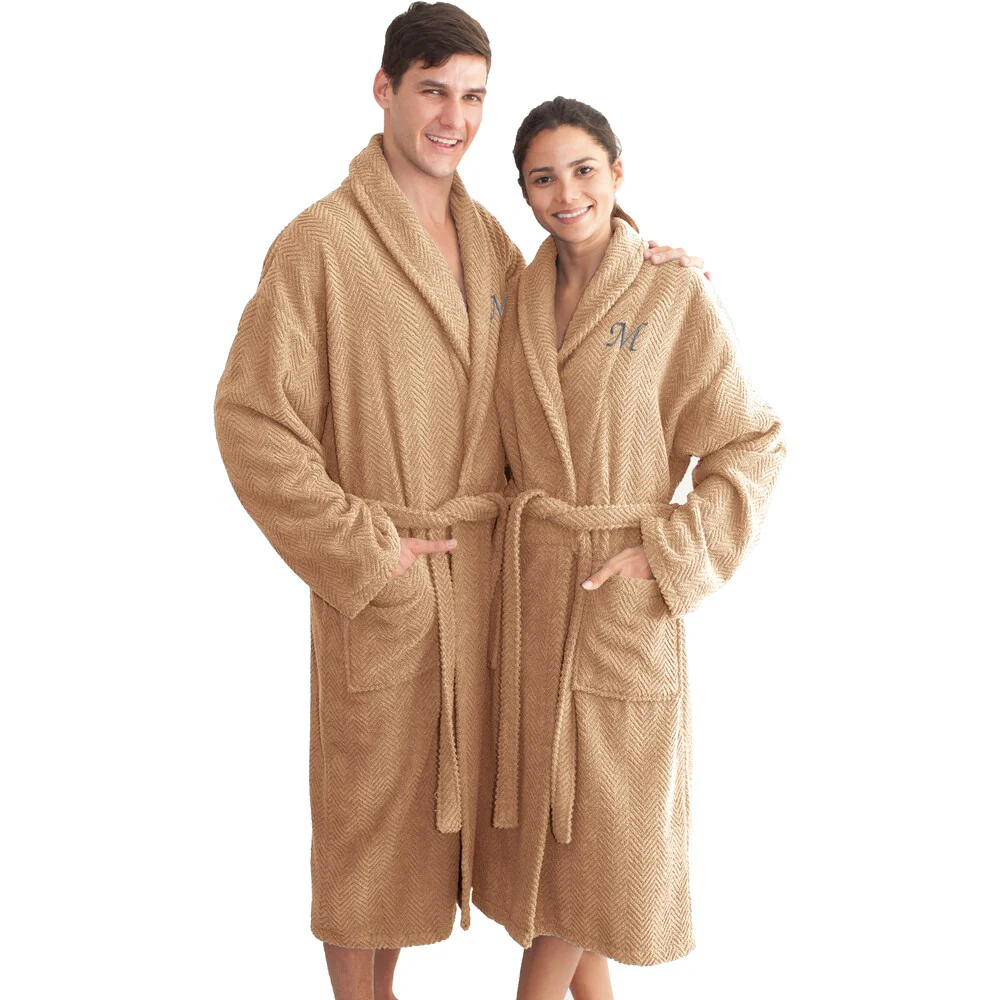 Authentic Hotel and Spa Sandy Tan with Grey Monogrammed Herringbone Weave Turkish Cotton Unisex Bath Robe