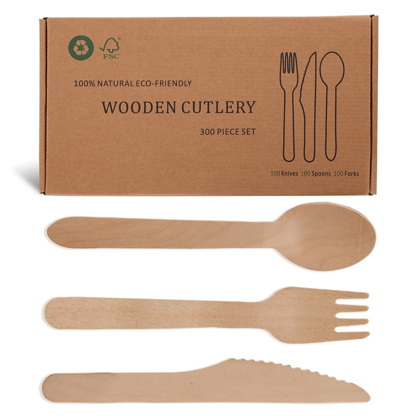 100% Natural Eco-Friendly Wooden Cutlery (300 Piece Set)