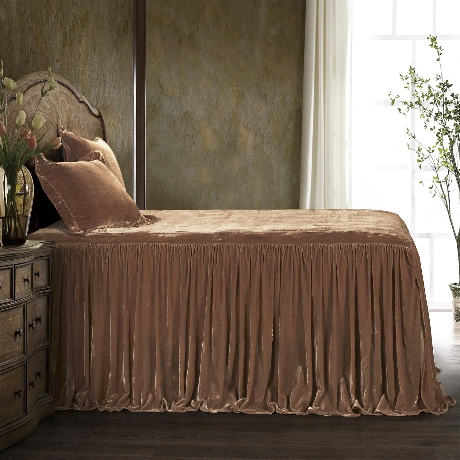HiEnd Accents Stella Faux Silk Velvet Ruffle Skirt 3 Piece Bedspread Set with Pillow Shams
