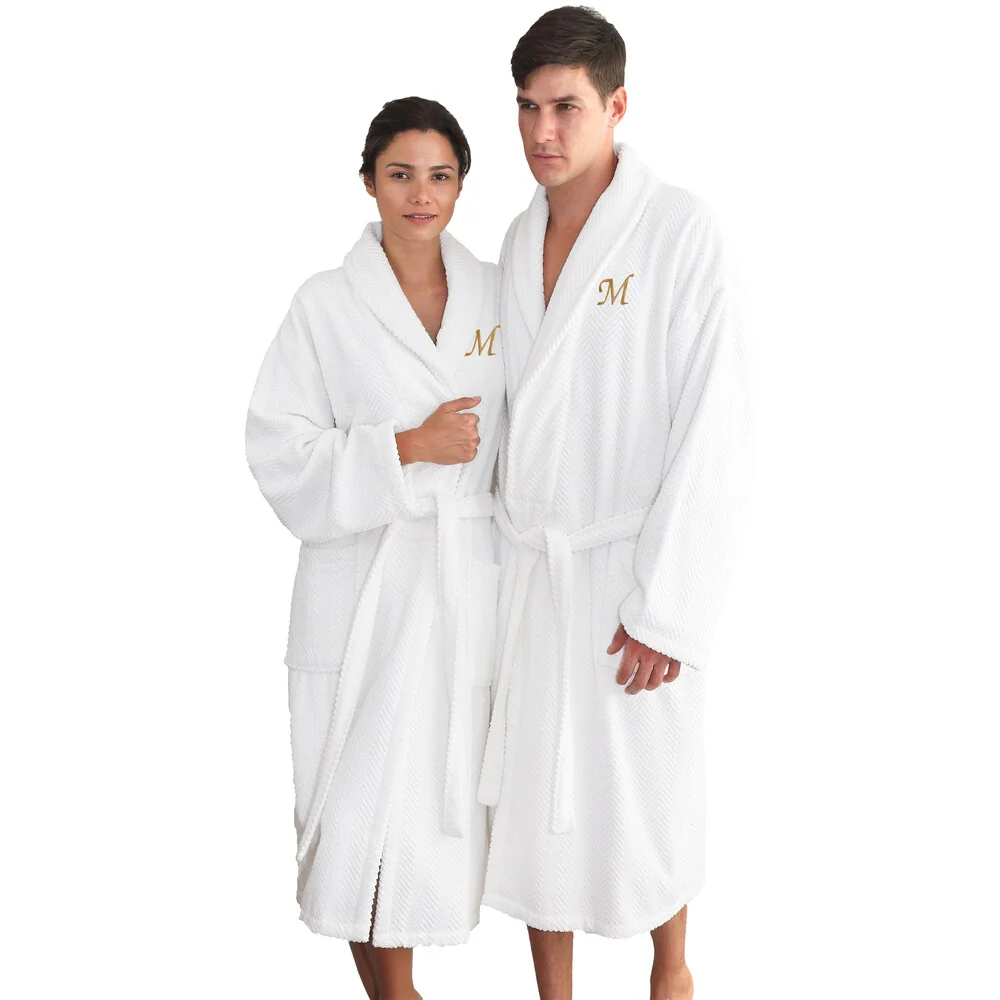 Authentic Hotel and Spa White with Gold Monogrammed Herringbone Weave Unisex Bath Robe