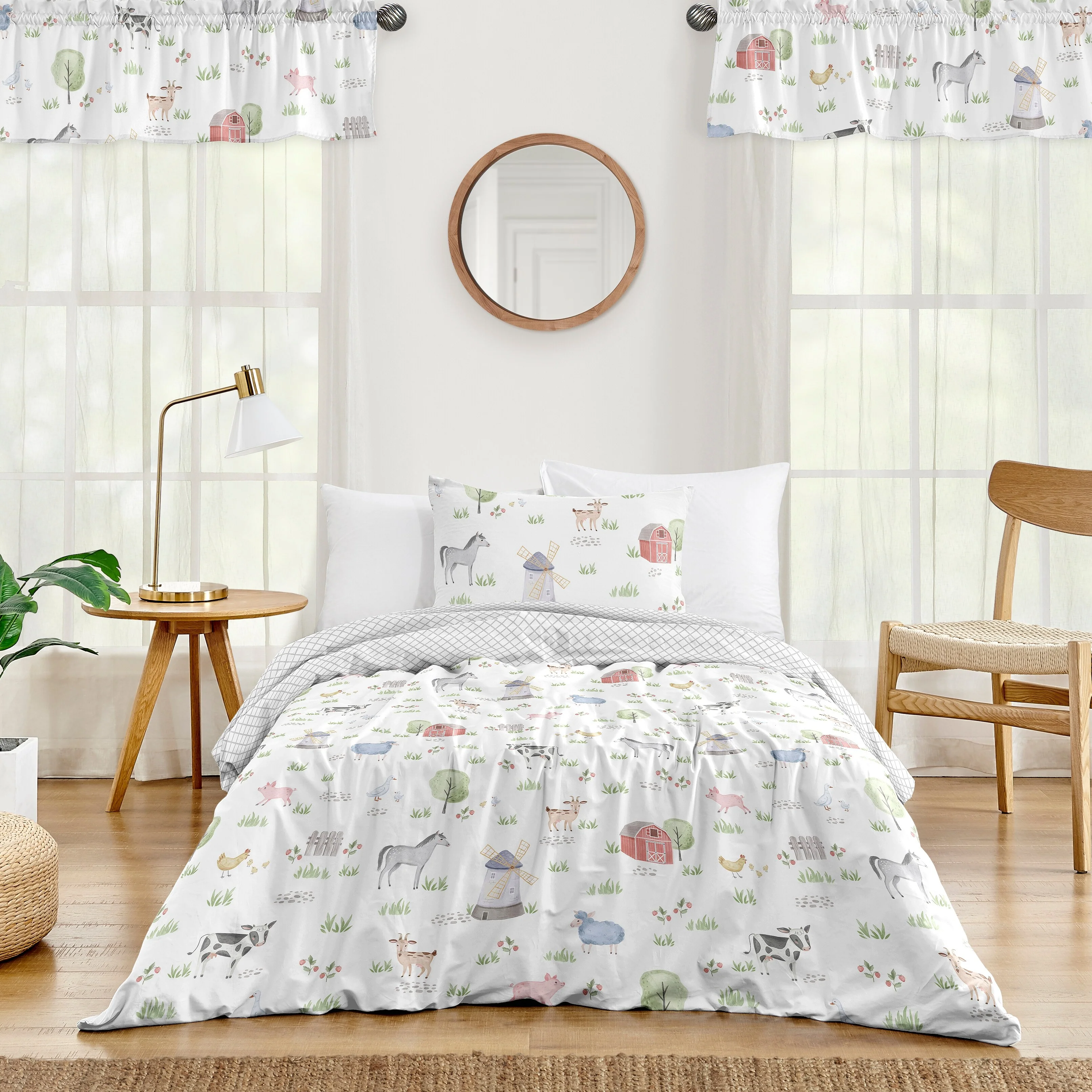 Farm Animals Collection Boy or Girl 2-piece Twin-size Comforter Set - Watercolor Farmhouse Lattice Horse Cow Sheep Pig