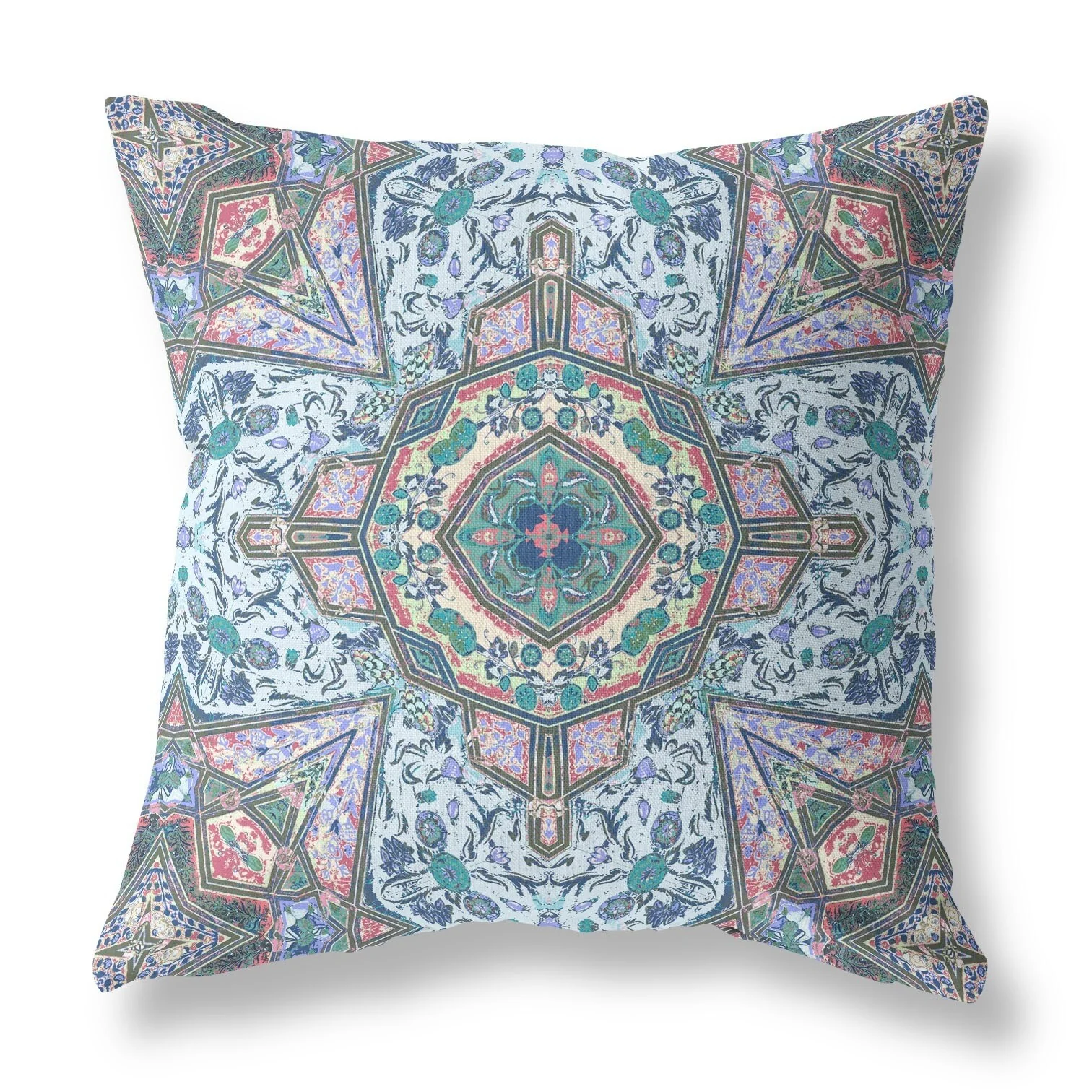 20" Pale Blue Pink Medallion Zippered Suede Throw Pillow