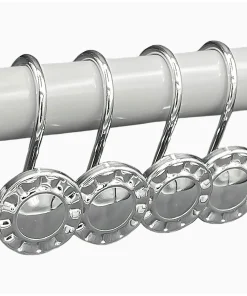 12 Piece Set - Chrome Button Heavy Duty Shower Curtain Hooks Rings Rustproof Metal