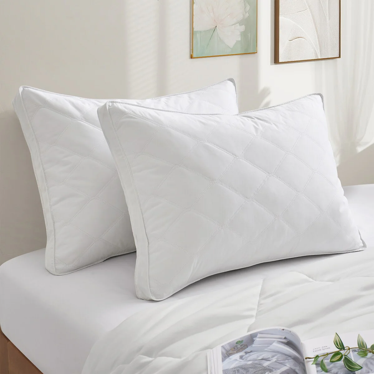 2 Pack Quilted Goose Feather Down Pillow, Medium Support White Edge