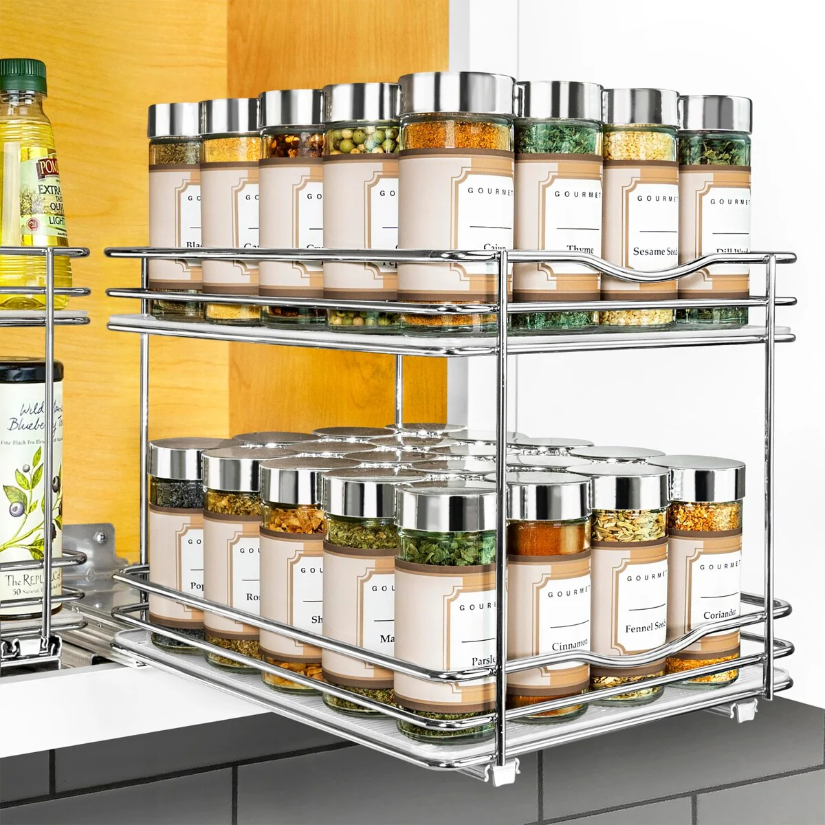 ® Pull Out Spice Rack Organizer for Cabinet - 8-1/4 inch Wide - Slide Out Rack - Sliding Spice Organizer Shelf - 2 Tier, Chrome