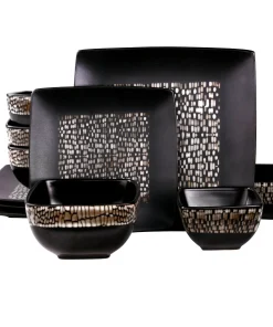 Abstract Square Double Bowl Black Stoneware Dinnerware Set 16 Pieces