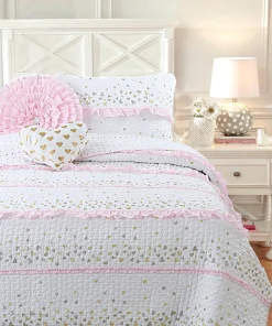 Cozy Line Sweet Heart Polka Dot Pink Ruffle Cotton Quilt Bedding Set