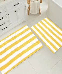 Large 2 Piece Set Yellow White Stripe Soft Cozy Plush Chenille Bath Mat Bathroom Rug