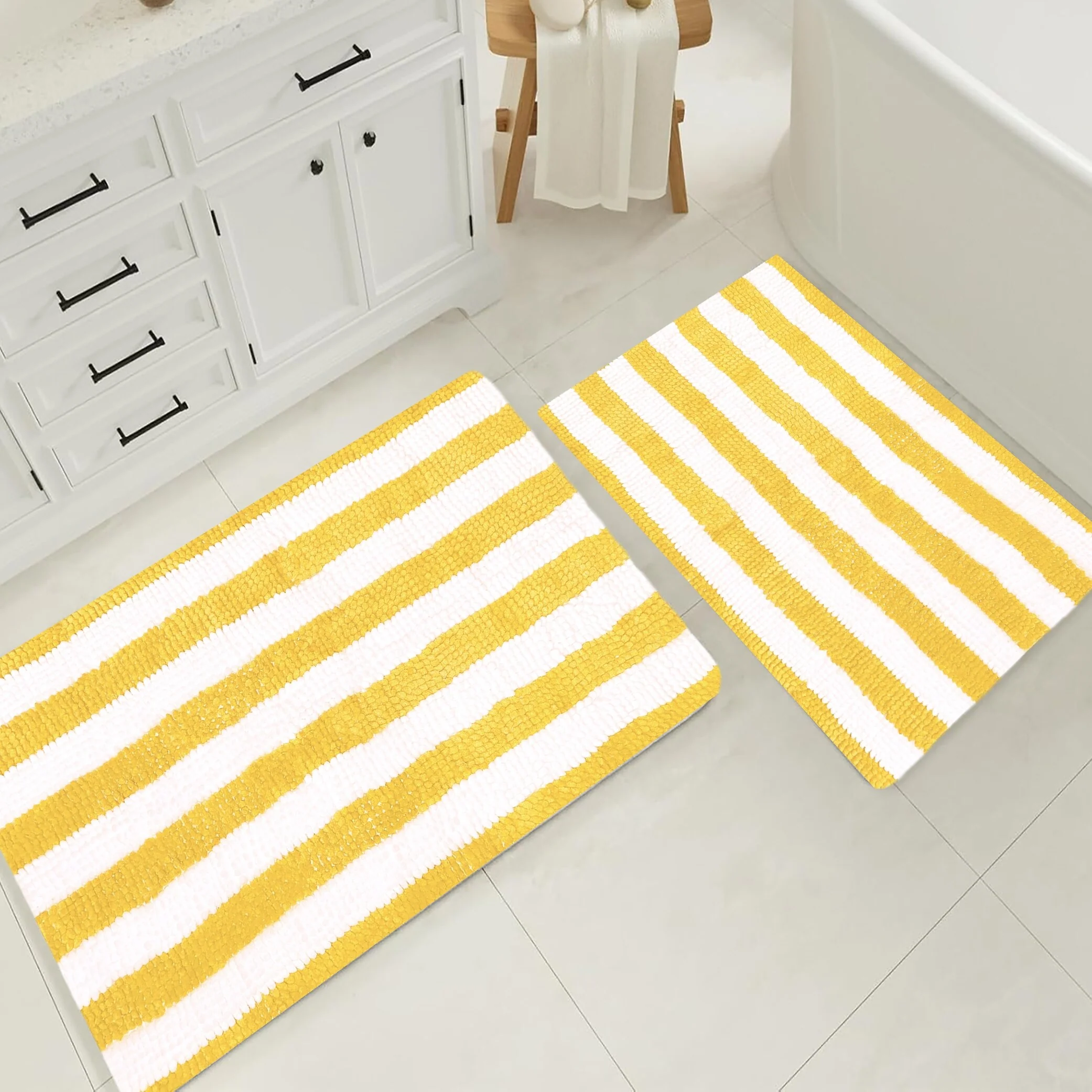 Large 2 Piece Set Yellow White Stripe Soft Cozy Plush Chenille Bath Mat Bathroom Rug
