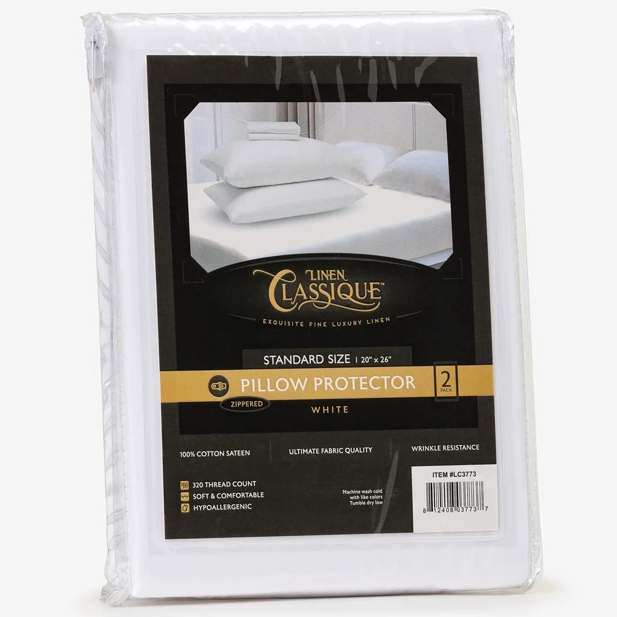 Linen Classique Luxury Zippered Pillow Protector - Premium Sateen Cotton Fabric 320 Thread Count, Wrinkle Resistant