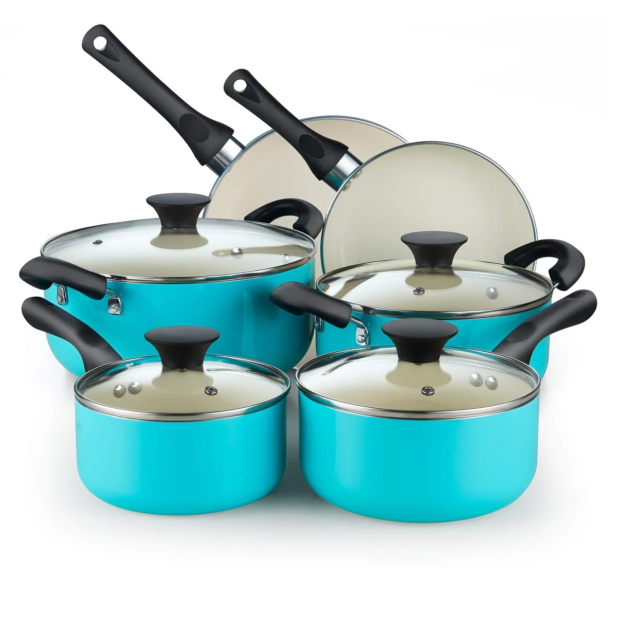 10-Piece Ceramic Nonstick Cookware Set - Pots, Pans, Dutch Oven, Saucepans, Frying Pans and Lids - Turquoise