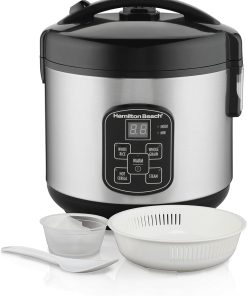 Hamilton Beach Digital Programmable Rice Cooker & Food Steamer, 8 Cups Cooked (4 Uncooked), With Steam & Rinse Basket, Stainless Steel (37518)