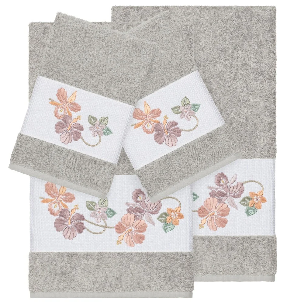 Authentic Hotel and Spa Turkish Cotton Floral Vine Embroidered Light Grey 4-piece Towel Set